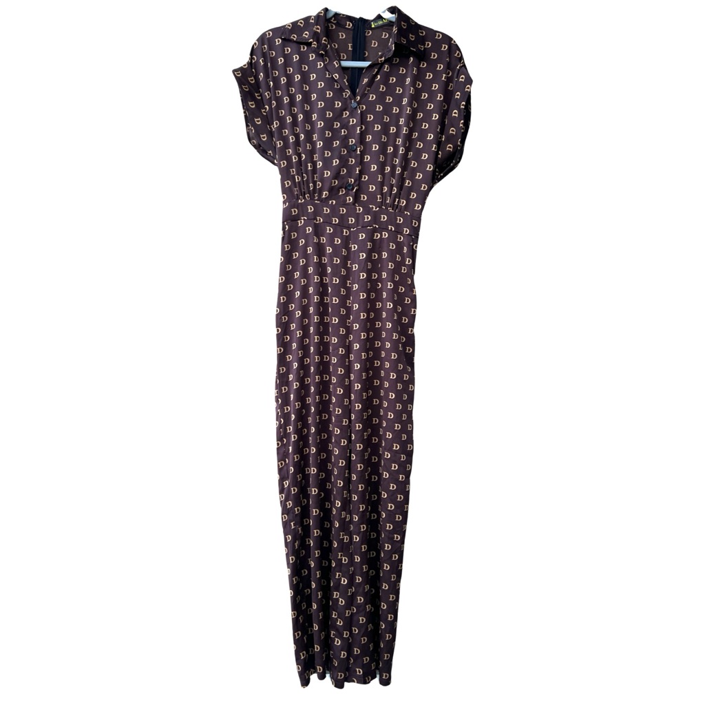Ao Dai Mira Thai Designer Jumpsuit Printed Brown Size S